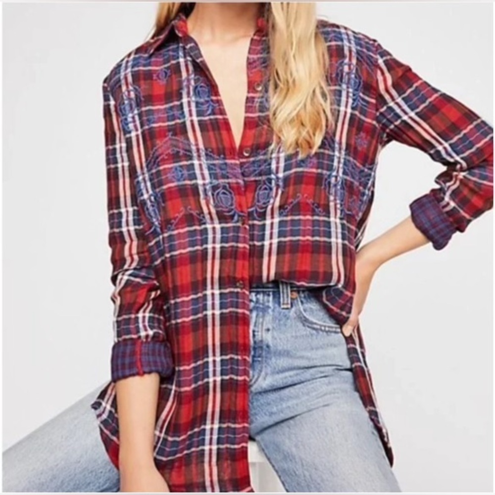 Free People XS Plaid Embroidered Button-Up Shirt Red/Blue Long Sleeve Cotton